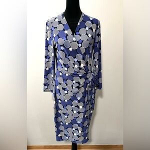 Anne Klein Long Sleeve V Neck Belted Midi Dress Print Blue White Circles Size M